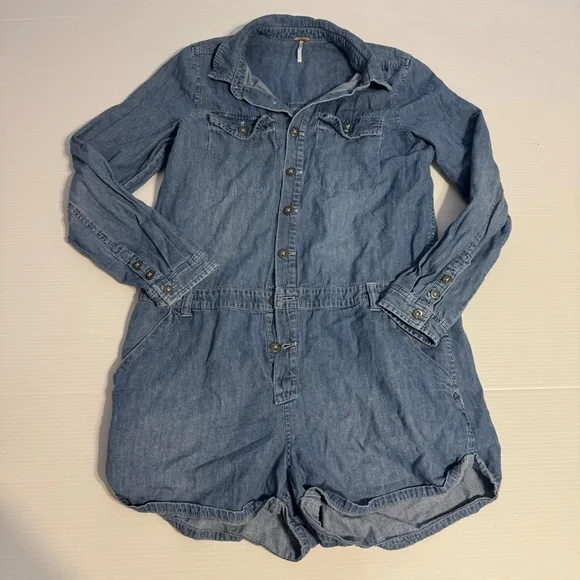 Free People Rivet Blue Denim Jean Chambray Long Sleeve Romper Large - Picture 1 of 11